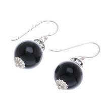 Load image into Gallery viewer, Onyx and Sterling Silver Dangle Earrings from Thailand - Perfect Orbs | NOVICA
