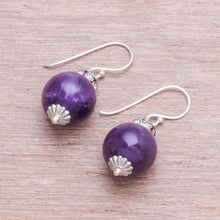 Load image into Gallery viewer, Amethyst and 925 Silver Dangle Earrings from Thailand - Perfect Orbs | NOVICA
