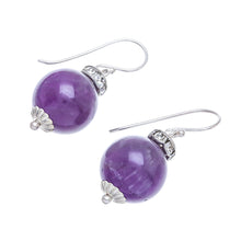 Load image into Gallery viewer, Amethyst and 925 Silver Dangle Earrings from Thailand - Perfect Orbs | NOVICA

