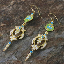 Load image into Gallery viewer, Gold Plated Brass Earrings in White and Green from Thailand - Thai Purity | NOVICA
