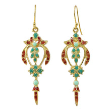 Load image into Gallery viewer, Gold Plated Brass Earrings in Green and Red from Thailand - Proud Beauty in Red | NOVICA
