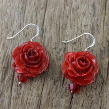 Load image into Gallery viewer, Natural Rose Dangle Earrings in Red from Thailand - Floral Temptation in Red | NOVICA
