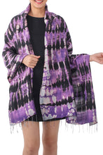 Load image into Gallery viewer, Handwoven Black and Purple Tie-Dye Silk Shawl from Thailand - Purple Monarch | NOVICA
