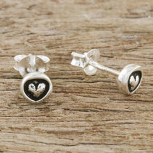 Load image into Gallery viewer, Sterling Silver Circle Frame Petite Heart Stud Earrings - Little Heart | NOVICA
