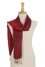 Load image into Gallery viewer, Ruby Red Tie-Dyed Handwoven Silk Scarf with Fringe - Ruby Love | NOVICA
