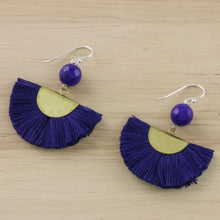 Load image into Gallery viewer, Quartz and Brass Bead Dangle Earrings with Cotton Fringe - Festival in Ultramarine | NOVICA
