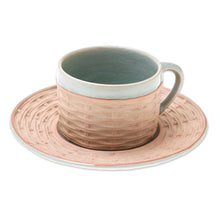 Load image into Gallery viewer, Handcrafted Wicker Motif Celadon Ceramic Cup and Saucer - Wicker in Green | NOVICA
