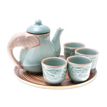 Load image into Gallery viewer, Elephant-Themed Celadon Ceramic Tea Set (6 Piece) - Elephant Gathering | NOVICA
