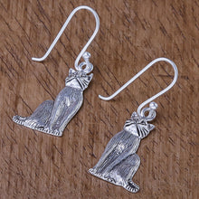 Load image into Gallery viewer, Sterling Silver Cat Dangle Earrings from Thailand - Mister Cat | NOVICA
