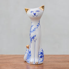 Load image into Gallery viewer, Floral Benjarong Porcelain Cat Statuette - Happy Floral Cat | NOVICA
