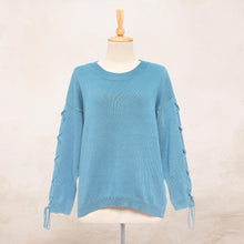 Load image into Gallery viewer, Knit Cotton Pullover in Cerulean from Thailand - Cool Cross in Cerulean | NOVICA
