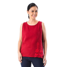 Load image into Gallery viewer, Floral Embroidered Cotton Tank Top in Crimson from Thailand - Flirty Bloom in Crimson | NOVICA
