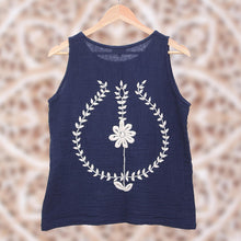 Load image into Gallery viewer, Cool Crinkle Cotton Tank Top in Navy - Flirty Bloom in Navy | NOVICA
