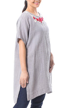 Load image into Gallery viewer, Floral Cotton Tunic in Ash from Thailand - Posy Bliss in Ash | NOVICA
