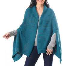 Load image into Gallery viewer, Knit Cotton Ruana in Teal from Thailand - Chic Warmth in Teal | NOVICA
