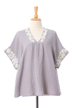 Load image into Gallery viewer, Floral Embroidered Cotton Blouse in Ash from Thailand - Classic Bloom in Ash | NOVICA
