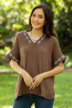 Load image into Gallery viewer, Embroidered Cotton Blouse in Mahogany from Thailand - Classic Diamonds | NOVICA
