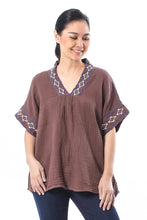 Load image into Gallery viewer, Embroidered Cotton Blouse in Mahogany from Thailand - Classic Diamonds | NOVICA
