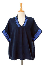 Load image into Gallery viewer, Floral Embroidered Cotton Blouse in Navy from Thailand - Classic Bloom in Navy | NOVICA
