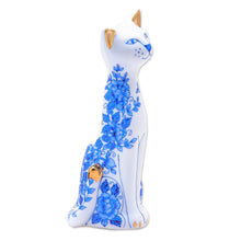 Load image into Gallery viewer, Floral Gilded Porcelain Cat Vase from Thailand - Regal Cat | NOVICA
