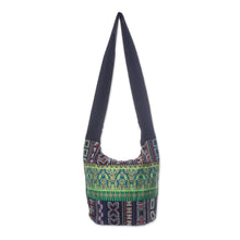 Load image into Gallery viewer, Black and Multi-Color Patterned Cotton Blend Shoulder Bag - Vibrant Gardens | NOVICA
