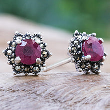 Load image into Gallery viewer, Artisan Crafted Ruby and Marcasite Stud Earrings - Firefly in Pink | NOVICA
