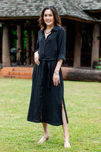 Load image into Gallery viewer, Black Belted Cotton Shirtwaist Dress from Thailand - Street Smarts in Black | NOVICA
