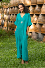 Load image into Gallery viewer, Sea Green Cotton V-Neck Long Crinkle Cotton Dress - Leisurely Sea Green | NOVICA
