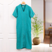 Load image into Gallery viewer, Sea Green Cotton V-Neck Long Crinkle Cotton Dress - Leisurely Sea Green | NOVICA
