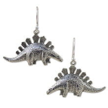 Load image into Gallery viewer, Fair Trade 950 Silver Dinosaur Dangle Earrings - Dinosaur Shield | NOVICA
